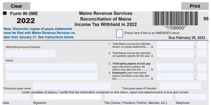 Maine Revenue Services Reconciliation Form W-3ME