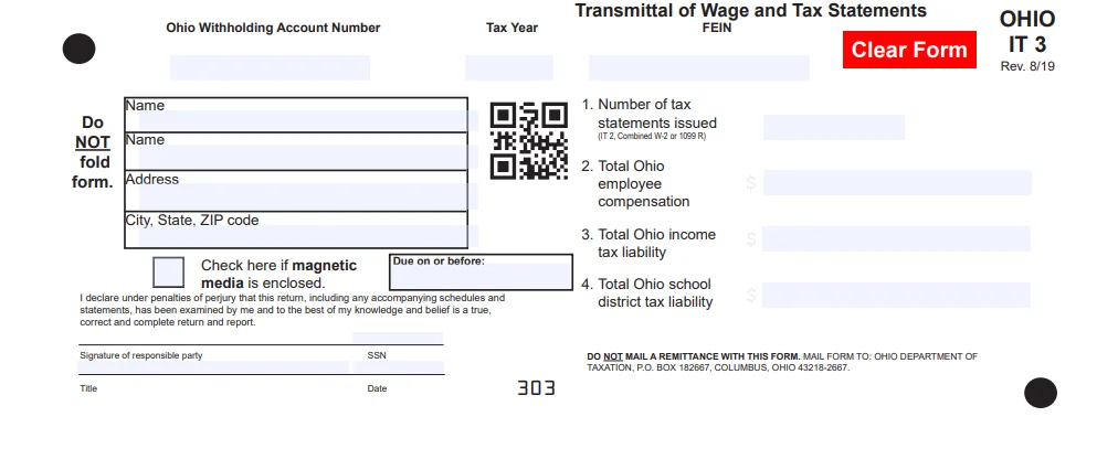 Transmittal of W-2 and 1099-R Statements – Form IT-3