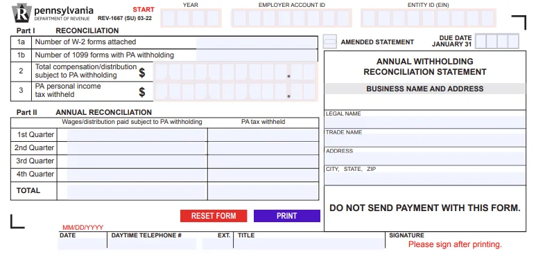 Pennsylvania Annual Reconciliation Form REV-1667