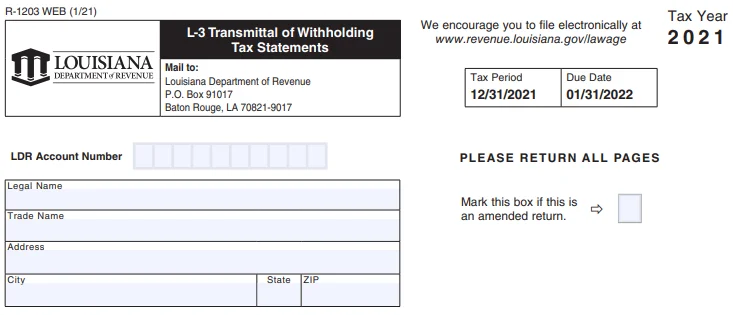 Louisiana Annual Reconciliation Form L-3