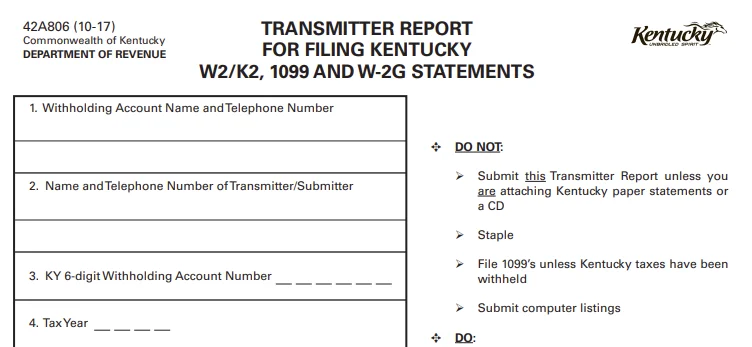 Kentucky Transmitter Report for Filing Form 42A806
