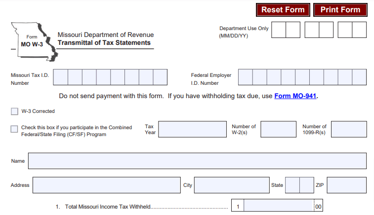 Missouri Annual Withholding Reconciliation Form MO W-3