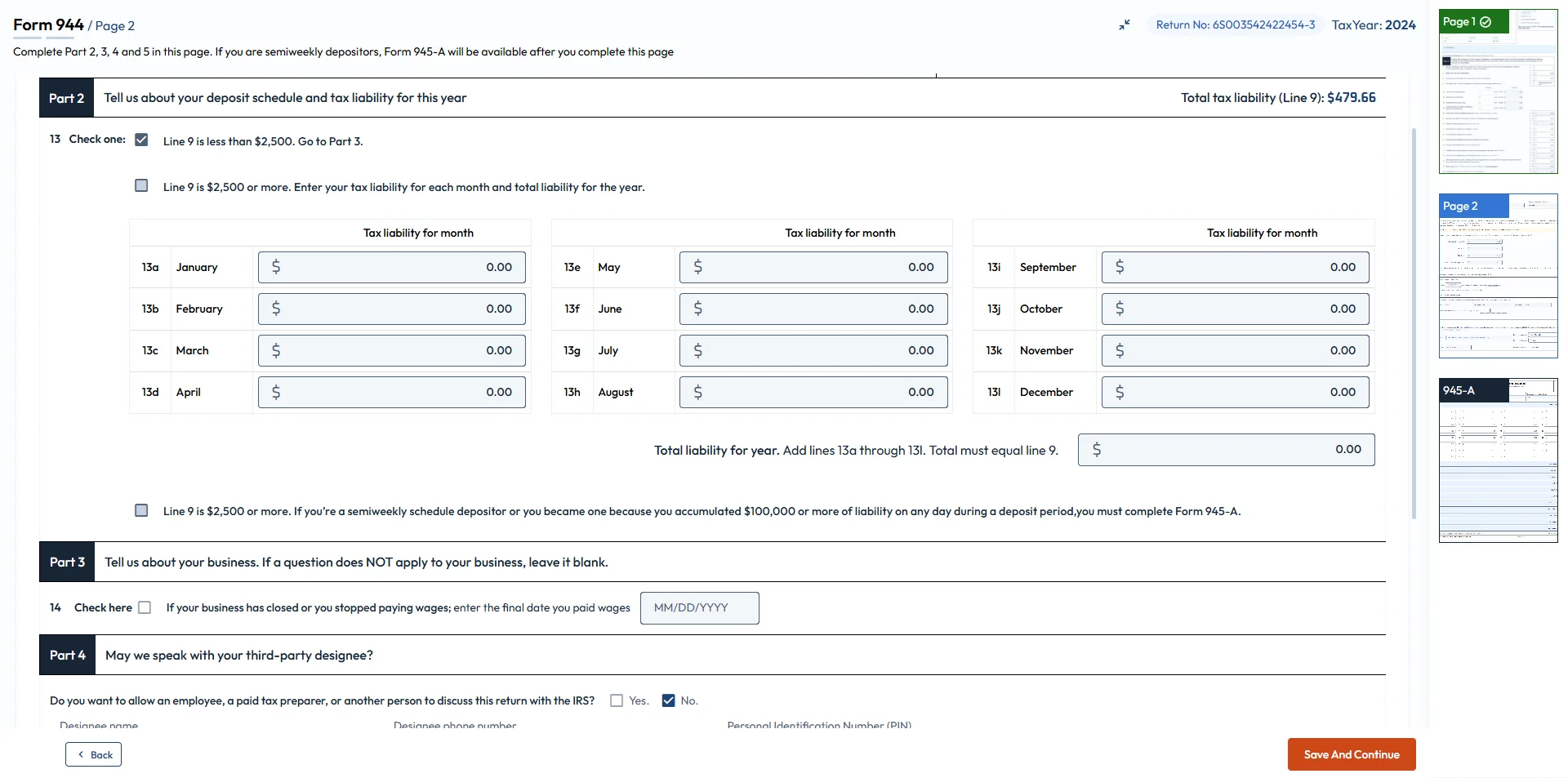 Enter Deposit Schedule and Tax Liability in Part 2