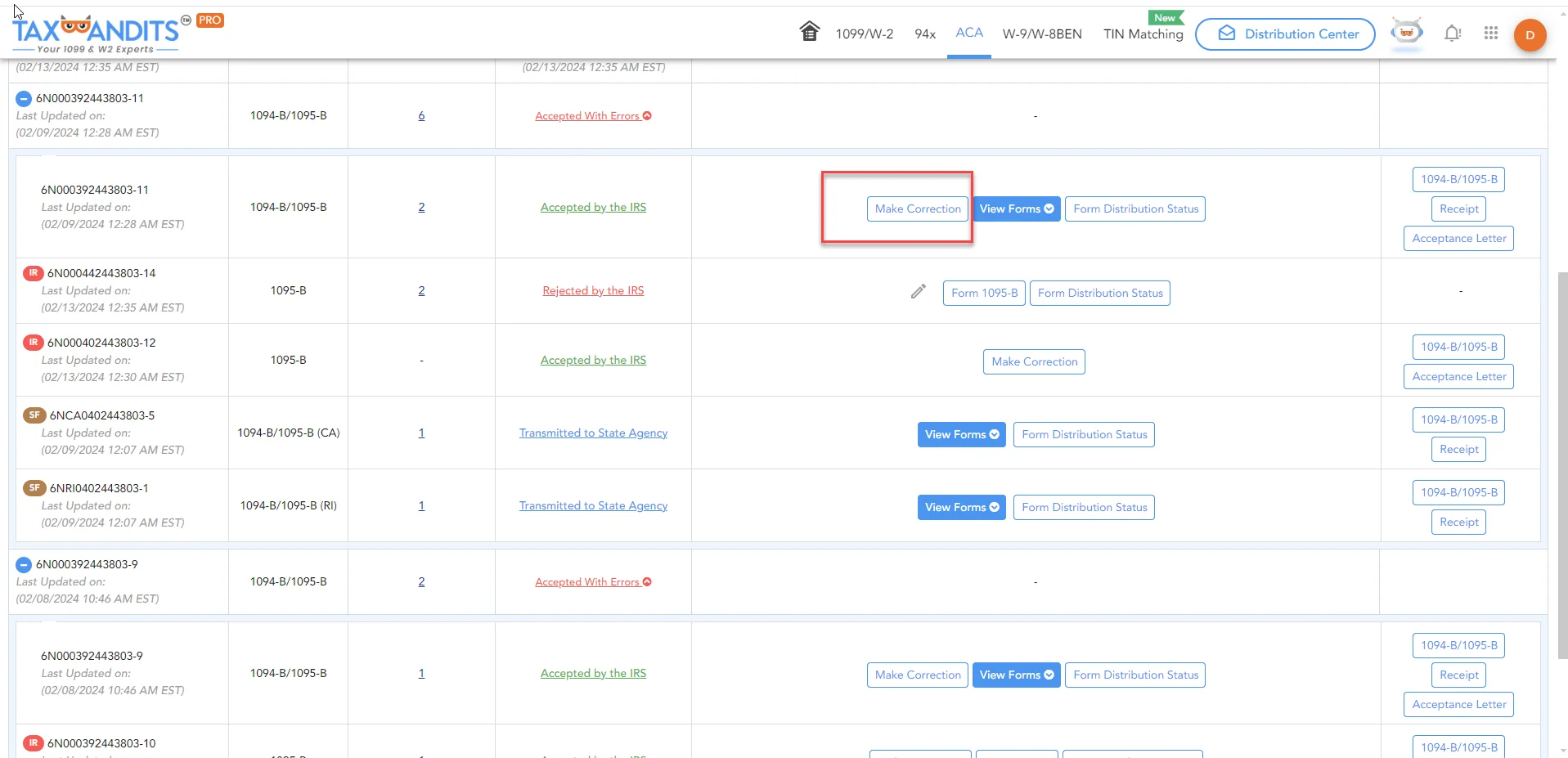 Choose “Make Corrections” from the ACA Dashboard