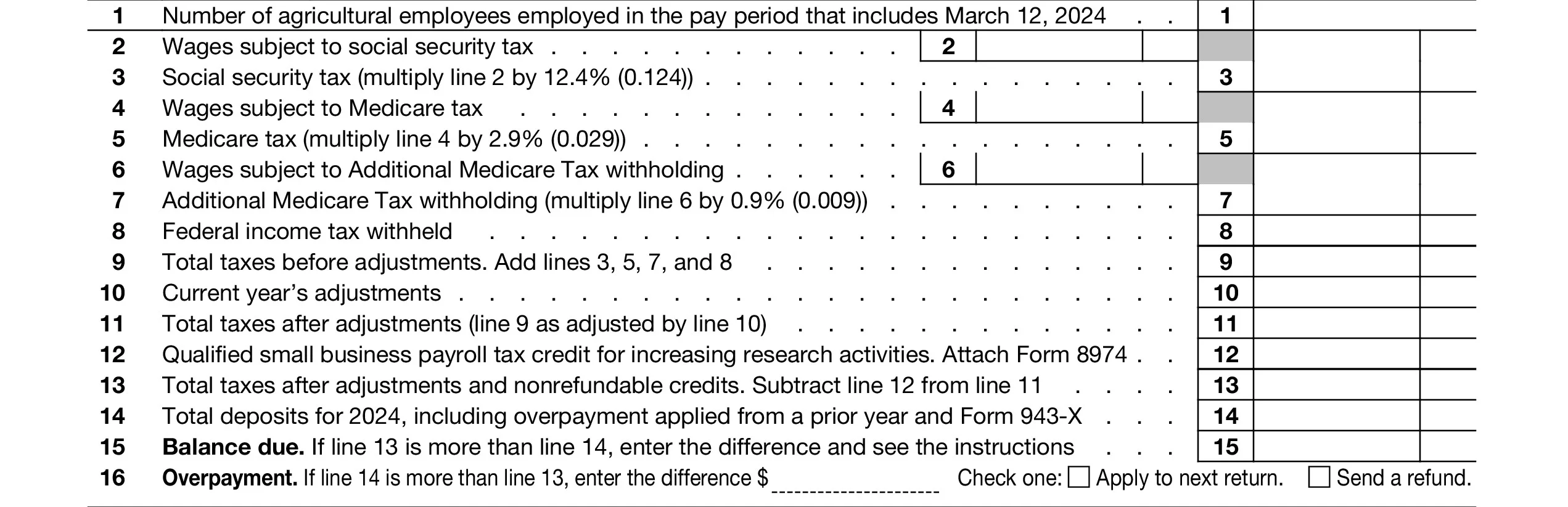 Line 1 to 16 of Form 943