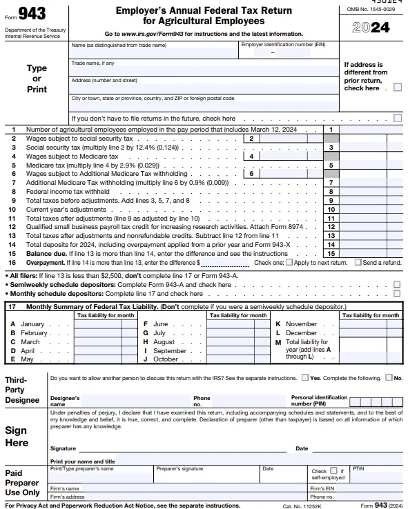 Information Required to File Form 943 Online