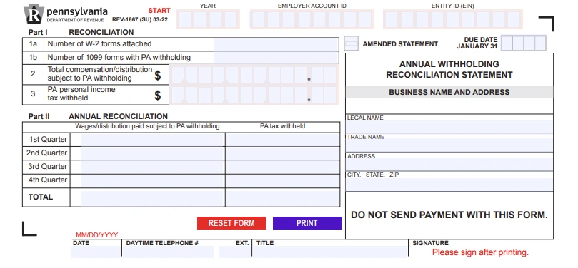 Pennsylvania Annual Reconciliation Form REV-1667
