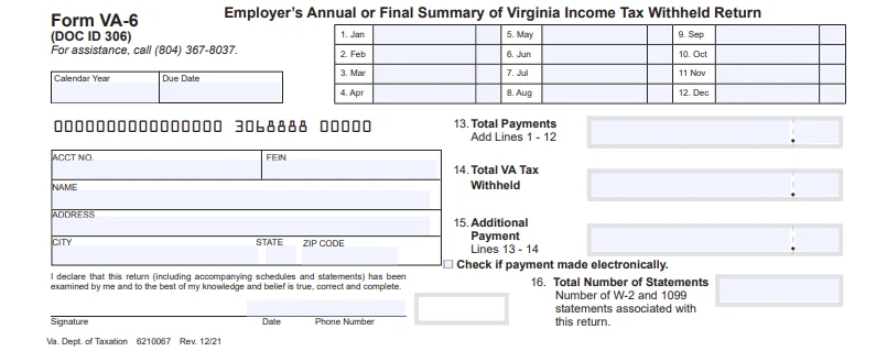 Virginia Annual Reconciliation Form VA-6