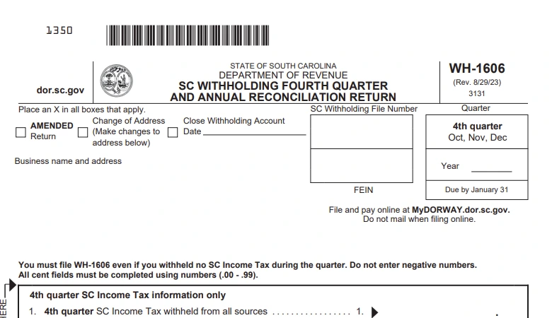 South Carolina Annual Reconciliation Form WH-1606