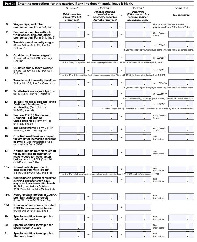 Form 941-X Part 3 - Line 6 to 21