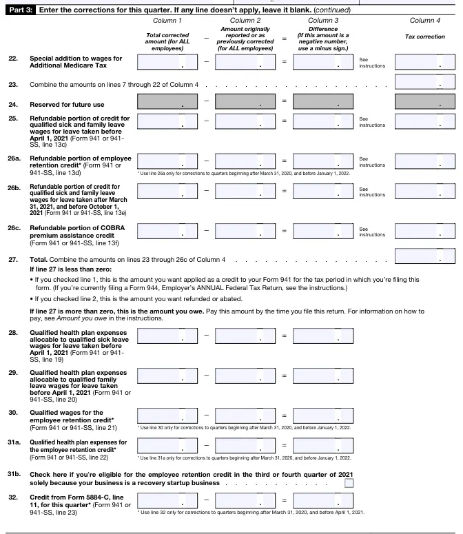 Form 941-X Part 3 - Line 22 to 32