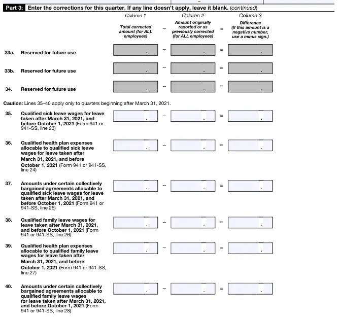 Form 941-X Part 3 - Line 33a to 40