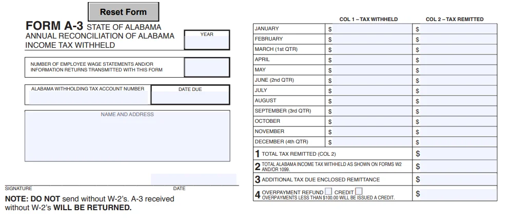 Alabama Annual Reconciliation Form A-3