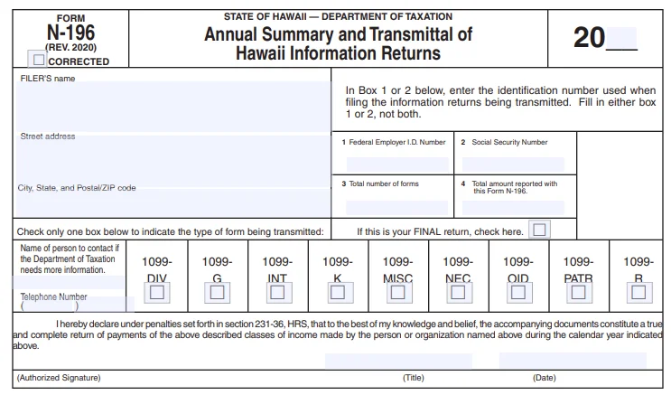 State of Hawaii - Annual Summary and Transmittal Form N-196