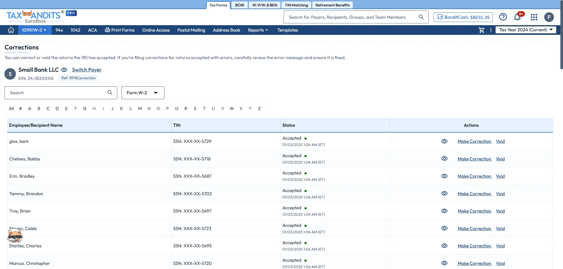  Select an Action – Make Correction or Void