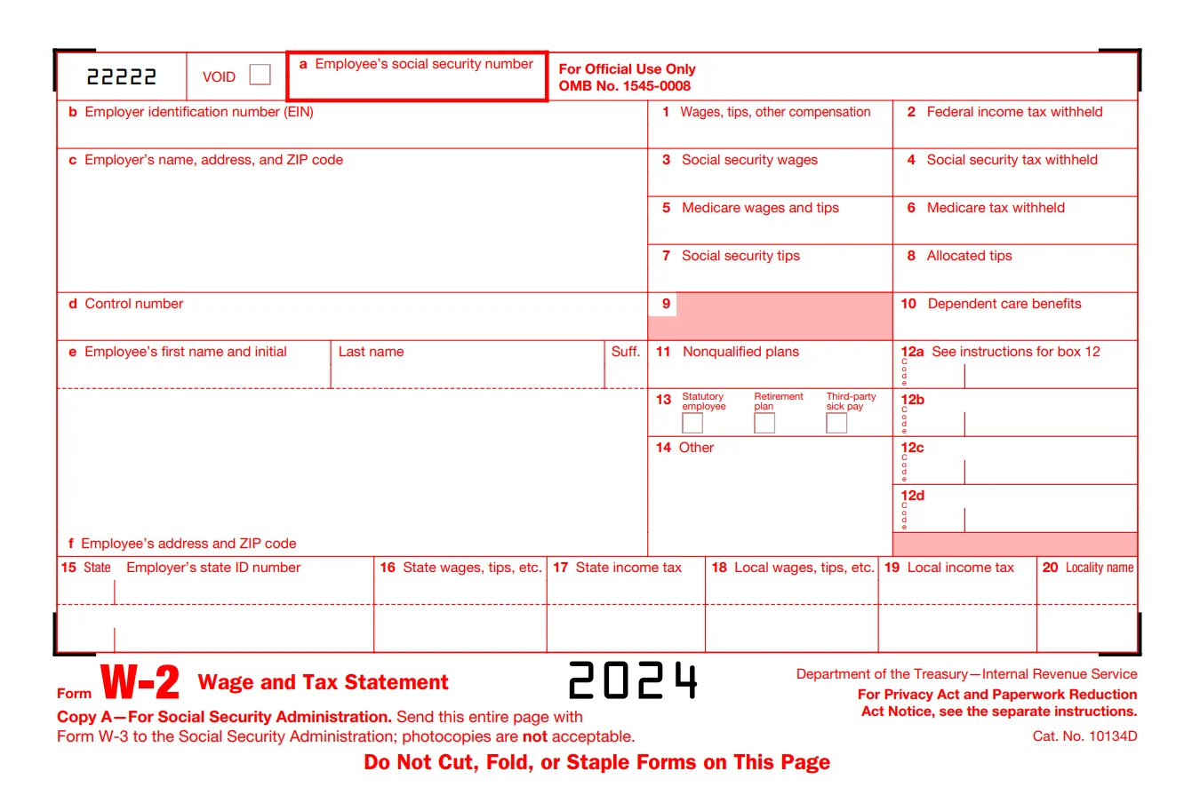 Form W-2 for 2024 Tax Year