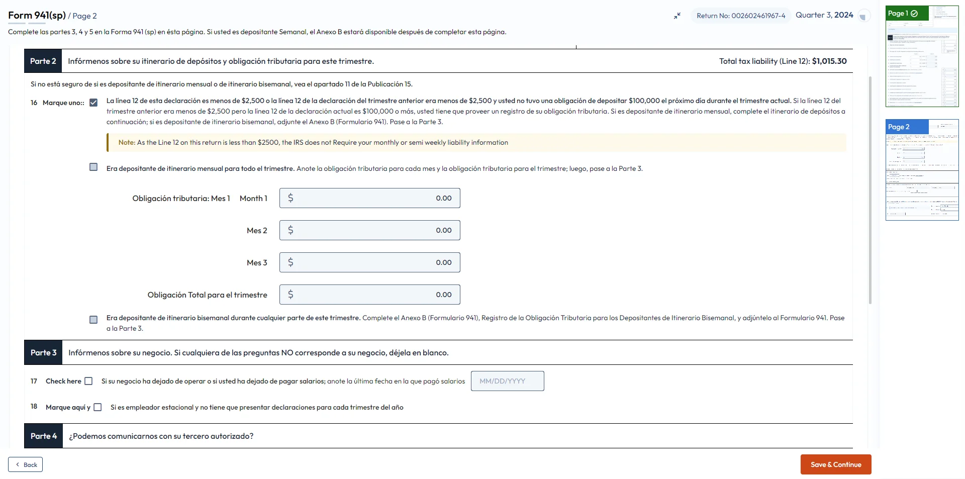 Enter deposit schedules and tax liability