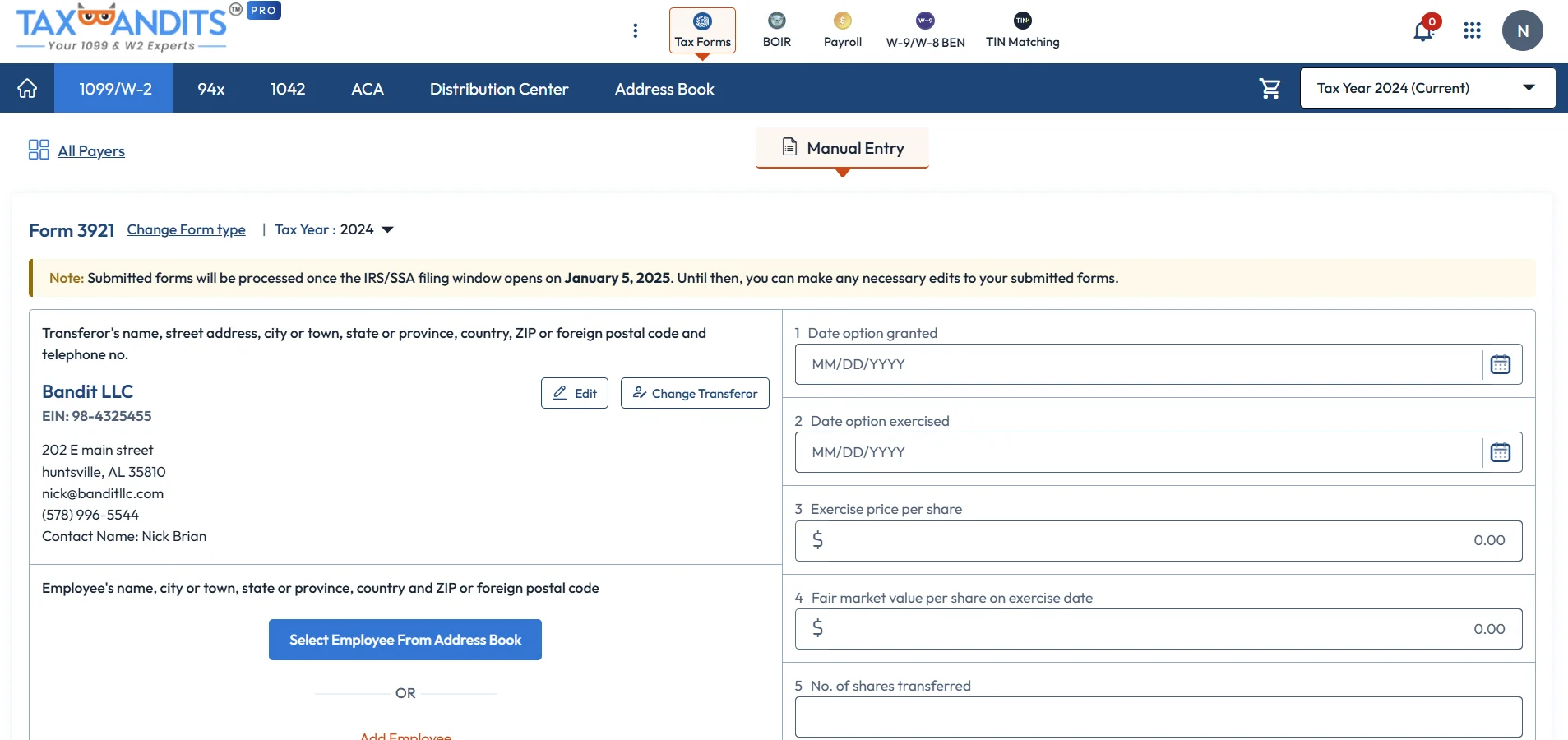  Enter Form 3921 Details