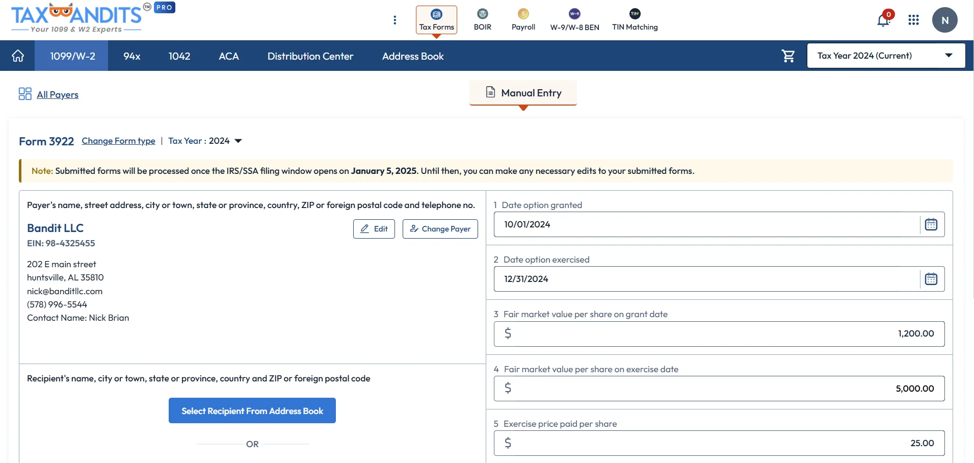 Enter Form 3922 Details