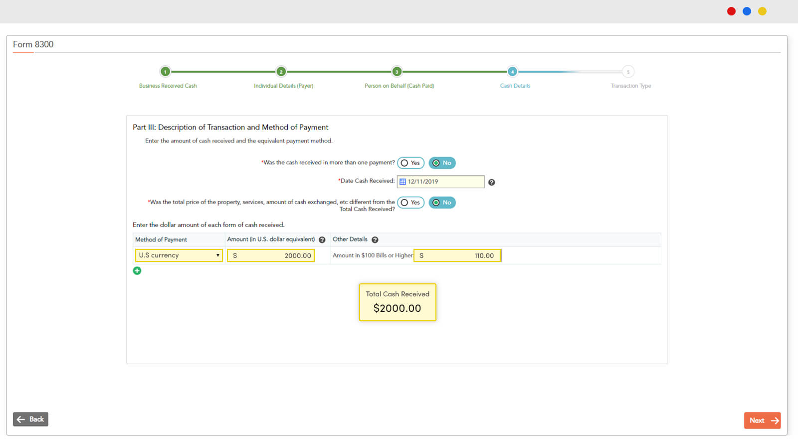 Enter cash & Transaction type