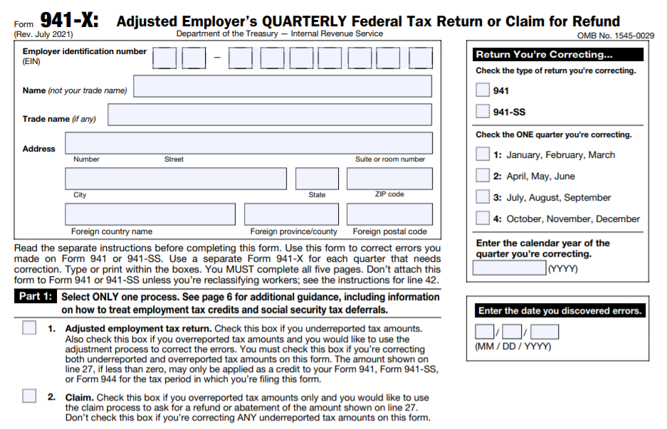 IRS Form 941 X Complete Print 941X For 2022